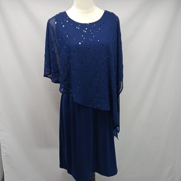 AA Studio Elegant Blue Midi with Sheer Sequin Overlay Size 16. Scoop Neckline... - Picture 2 of 8